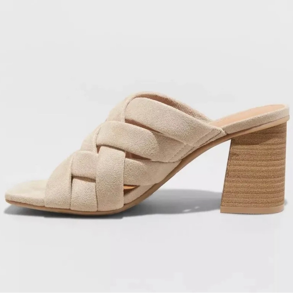 Universal Thread Tan Suede Like, Almond Open Toe, 3” Stacked Wood Like Heel 81/2 - Picture 2 of 8